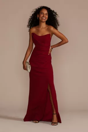 Strapless Draped Crepe Sheath With Slit 1 Strapless Draped Crepe Sheath With Slit
