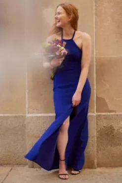 Crepe Halter Sheath With Fringe Back -Floral Applique Dresses Shop D21NY22532 COBALT OCC DBSTU FALL 22 32