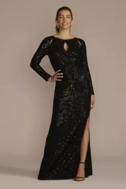 Long Sleeve Allover Sequin Sheath With Cutouts