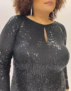 Long Sleeve Allover Sequin Sheath With Cutouts -Floral Applique Dresses Shop D21NY22699 PDP