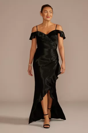 Off-Shoulder Ruffle Textured Satin Sheath Dress 1 Off-Shoulder Ruffle Textured Satin Sheath Dress