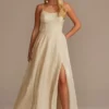Spaghetti Strap Glitter Shine Gown With Slit