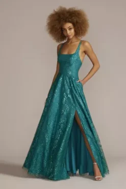 Square Neck Floral Leaf Patterned Sequin A-line