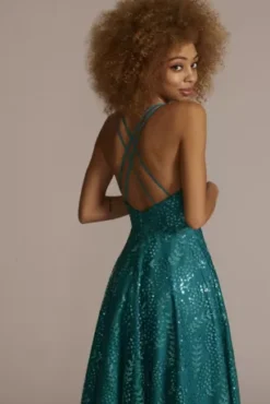 Square Neck Floral Leaf Patterned Sequin A-line -Floral Applique Dresses Shop D24NY22014V3 PEACOCK PROM PROD12 144