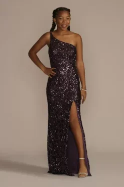 One-Shoulder Shimmer Sequin Floor Length Gown