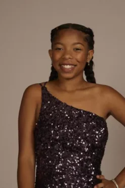 One-Shoulder Shimmer Sequin Floor Length Gown -Floral Applique Dresses Shop D24NY22034 PURPLE PRM PROD11 062