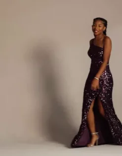 One-Shoulder Shimmer Sequin Floor Length Gown -Floral Applique Dresses Shop D24NY22034 Purple 2