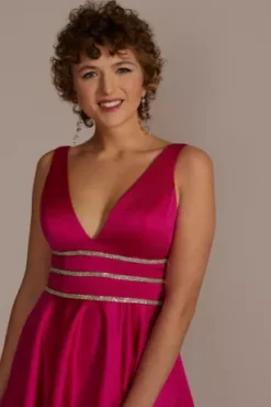 Embellished Waist Plunge Neck Mini A-Line Dress -Floral Applique Dresses Shop D24NY22122 BEGONIA PARTY PROD2 3290