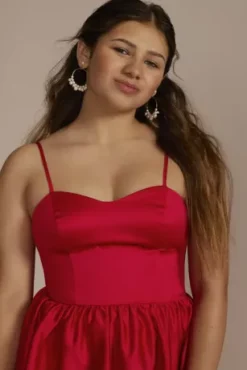 Sweetheart Satin Bubble Hem Mini A-Line Dress -Floral Applique Dresses Shop D24NY22486 SCARLET HC PROD6 143