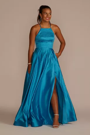 Embellished High Neck Satin Ball Gown With Slit 1 Embellished High Neck Satin Ball Gown With Slit