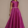 Cap Sleeve Satin Ball Gown With Embellished Waist