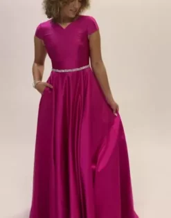 Cap Sleeve Satin Ball Gown With Embellished Waist -Floral Applique Dresses Shop D24NY22621 PDP