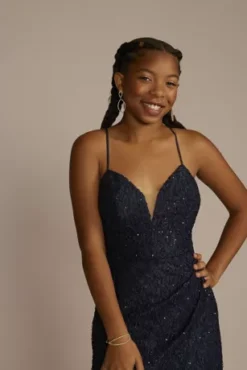 Glitter Illusion Lace A-line Dress With Pockets -Floral Applique Dresses Shop D24NY22622 NAVY PRM PROD11 048