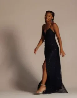 Glitter Illusion Lace A-line Dress With Pockets -Floral Applique Dresses Shop D24NY22622 Navy 2