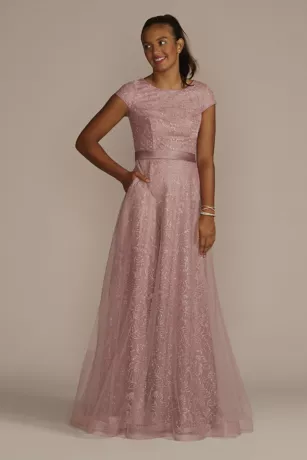 Cap Sleeve Glitter Floral Tulle A-Line 1 Cap Sleeve Glitter Floral Tulle A-Line