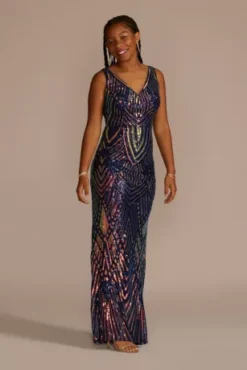 Long Sequin Patterned V-Neck Sheath Dress