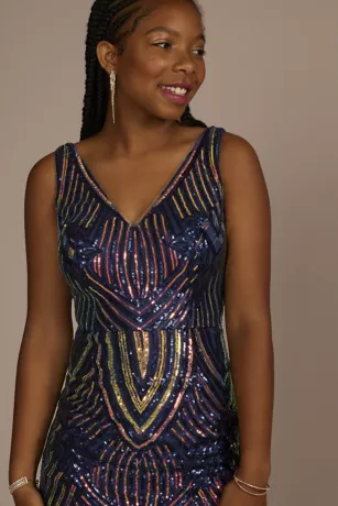 Long Sequin Patterned V-Neck Sheath Dress 3 Long Sequin Patterned V-Neck Sheath Dress - Image 3