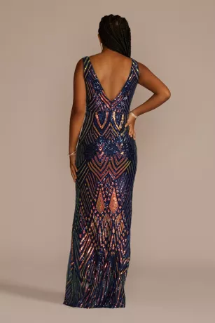 Long Sequin Patterned V-Neck Sheath Dress 2 Long Sequin Patterned V-Neck Sheath Dress - Image 2