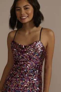 Cowl Neck Allover Sequin Dress With Slit -Floral Applique Dresses Shop D24NY22643 MULTI PROD9 PRM 3607