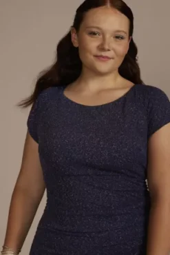 Ruched Glitter Knit Cap Sleeve Sheath -Floral Applique Dresses Shop D24NY22644W BLUMULT PROD9 PRM 1762