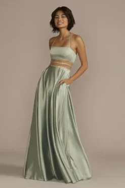 Charmeuse Halter A-line With Beaded Illusion Waist