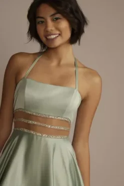 Charmeuse Halter A-line With Beaded Illusion Waist -Floral Applique Dresses Shop D24NY23001 DUSTYSAGE PRM PROD9 2349