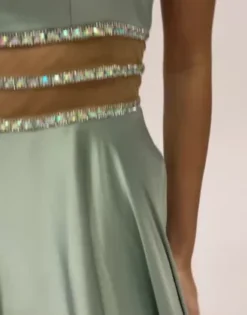 Charmeuse Halter A-line With Beaded Illusion Waist -Floral Applique Dresses Shop D24NY23001 PDP