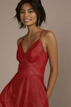 Surplice Iridescent Metallic A-Line With Pockets -Floral Applique Dresses Shop D24NY23050V2 RED PRM PROD9 1321