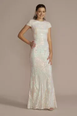 Cap Sleeve Iridescent Patterned Sequin Sheath