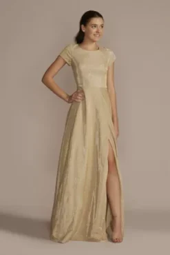 Glitter Metallic High Neck Cap Sleeve A-Line