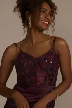 Embellished Illusion Corset With Draped Skirt -Floral Applique Dresses Shop D28NY22365 WINE PRTY PROD7 1695