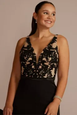 Embellished Crepe Plunge Mermaid Dress -Floral Applique Dresses Shop D28NY22557 BLACKNUDE PRTY PROD10 1735