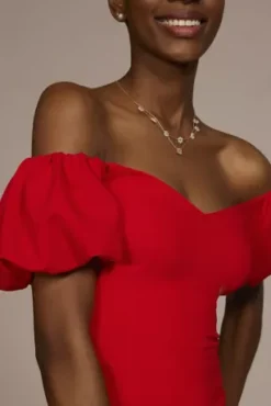 Off-the-Shoulder Puff Sleeve Midi Dress -Floral Applique Dresses Shop D39NY22326 POPPY PRTY PROD3 074