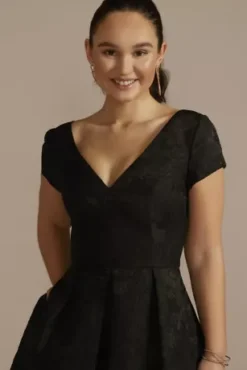 Textured Jacquard Short A-Line Dress -Floral Applique Dresses Shop D39NY22335V3 BLACK PRTY PROD2 060