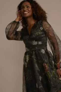 Long Sleeve Floral Organza A-Line Dress -Floral Applique Dresses Shop D39NY22543 BLKMULTI PRTY PROD7 936