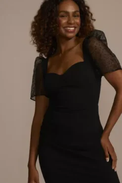 Ruched Crepe Sheath With Pindot Sleeves -Floral Applique Dresses Shop D39NY22593 BLACK PRTY PROD7 694