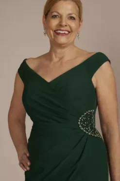 Crepe Off-the-Shoulder Sheath With Embellishment -Floral Applique Dresses Shop D40NY2103 JUNIPER MOB PROD6 078