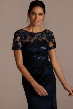 Satin Sheath Gown With Lace Illusion Neck -Floral Applique Dresses Shop D40NY2131 NAVY MOB PROD12 072