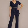 Embellished Waist Crepe Jumpsuit With Peplum