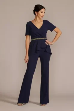 Embellished Waist Crepe Jumpsuit With Peplum