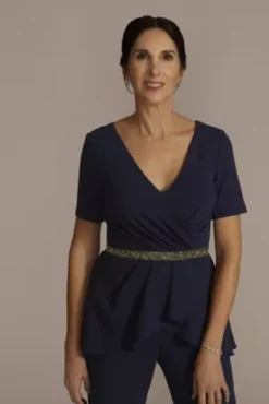 Embellished Waist Crepe Jumpsuit With Peplum -Floral Applique Dresses Shop D40NY22246 NAVY MOB PROD2 060