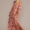 Long Sleeve Floral Chiffon Maxi Dress With Slit