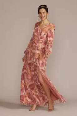 Long Sleeve Floral Chiffon Maxi Dress With Slit