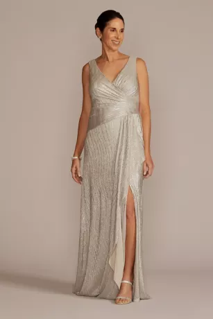 V-Neck Metallic Sheath Gown With Skirt Slit 1 V-Neck Metallic Sheath Gown With Skirt Slit