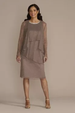 Tiered Metallic Jacket Dress With Rhinestone Trim