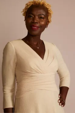 Three-Quarter Sleeve Metallic A-Line Wrap Dress 5 Three-Quarter Sleeve Metallic A-Line Wrap Dress -Floral Applique Dresses Shop D40NY22669 CHAMP MOB PROD9 1776