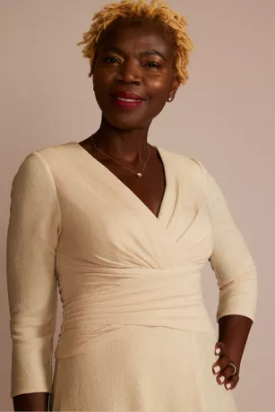 Three-Quarter Sleeve Metallic A-Line Wrap Dress 3 Three-Quarter Sleeve Metallic A-Line Wrap Dress - Image 3