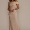 Off-the-Shoulder Draped Glitter Knit Sheath