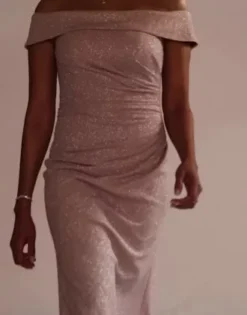 Off-the-Shoulder Draped Glitter Knit Sheath -Floral Applique Dresses Shop D40NY23231 Blush