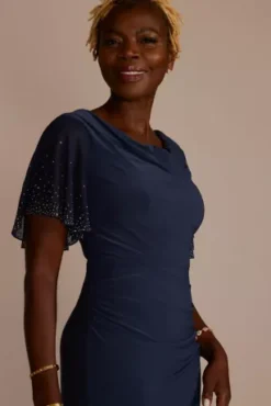 Embellished Short Sleeve Cowl Neck Jersey Sheath -Floral Applique Dresses Shop D40NY23234 NAVY MOB PROD10 1797